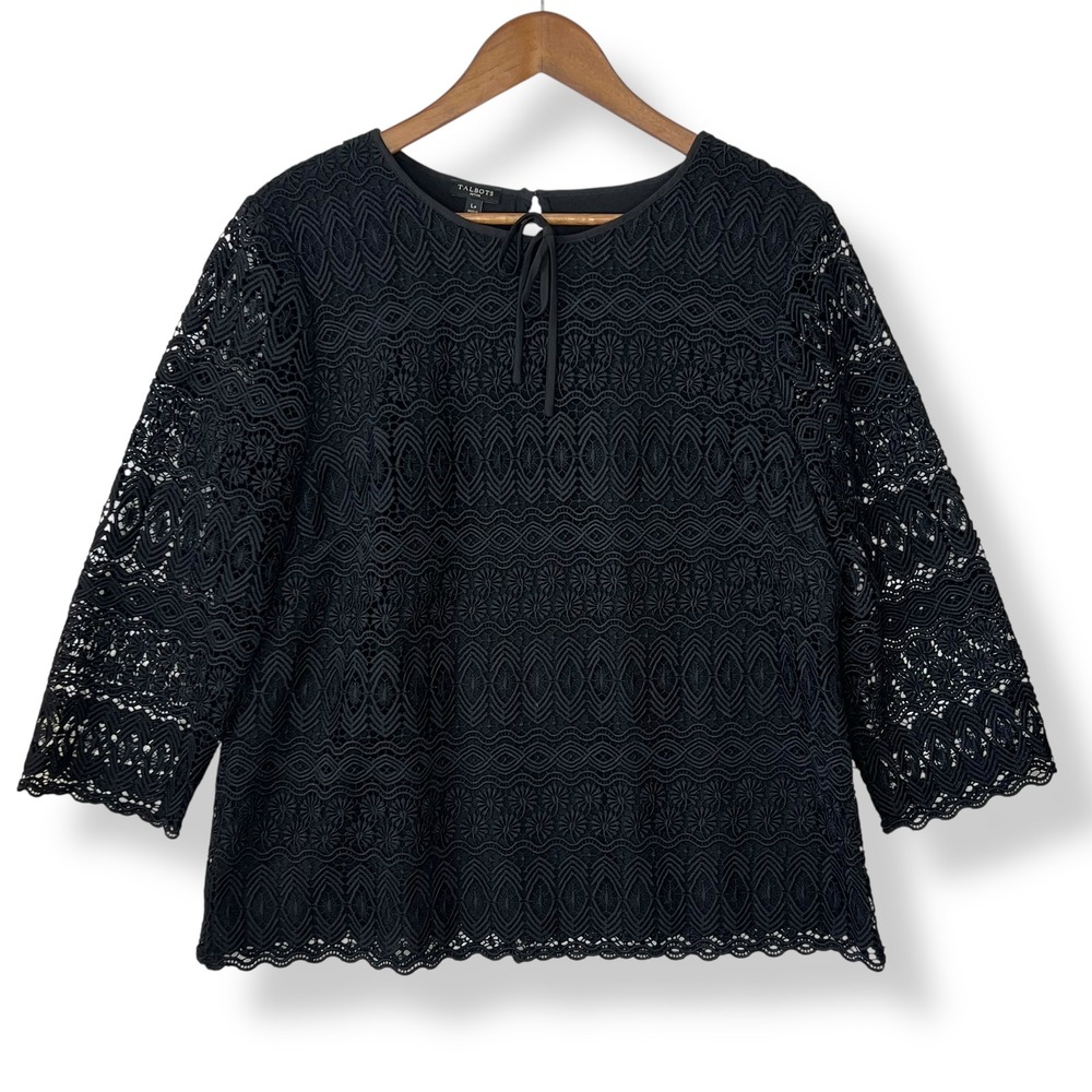 Talbots Petite LP Blouse Black Lace Crochet Lined Side Zip‎ Tie Neck Gothic Vamp